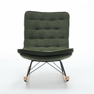 Metal Outdoor Lounge Chair, Comfortable Rocking Chair with Wood Base and Dark Green Cushions for Patio, Balcony, Bedroom