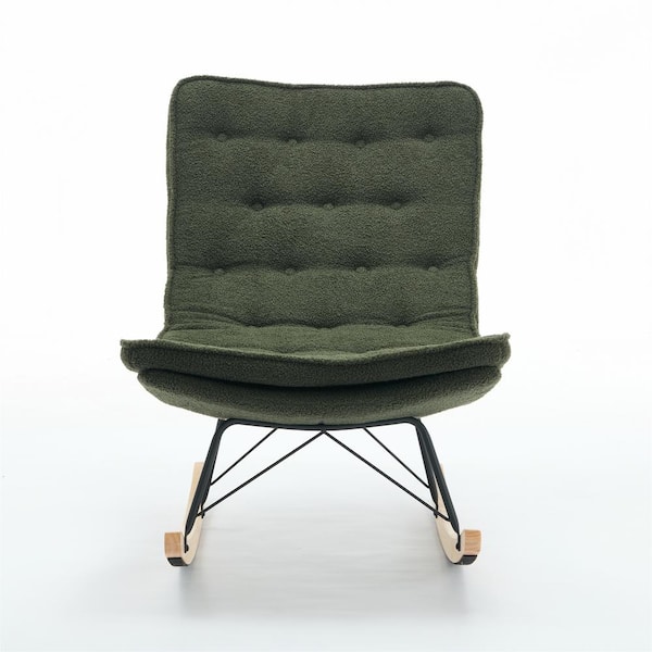 Unbranded Metal Outdoor Lounge Chair, Comfortable Rocking Chair with Wood Base and Dark Green Cushions for Patio, Balcony, Bedroom