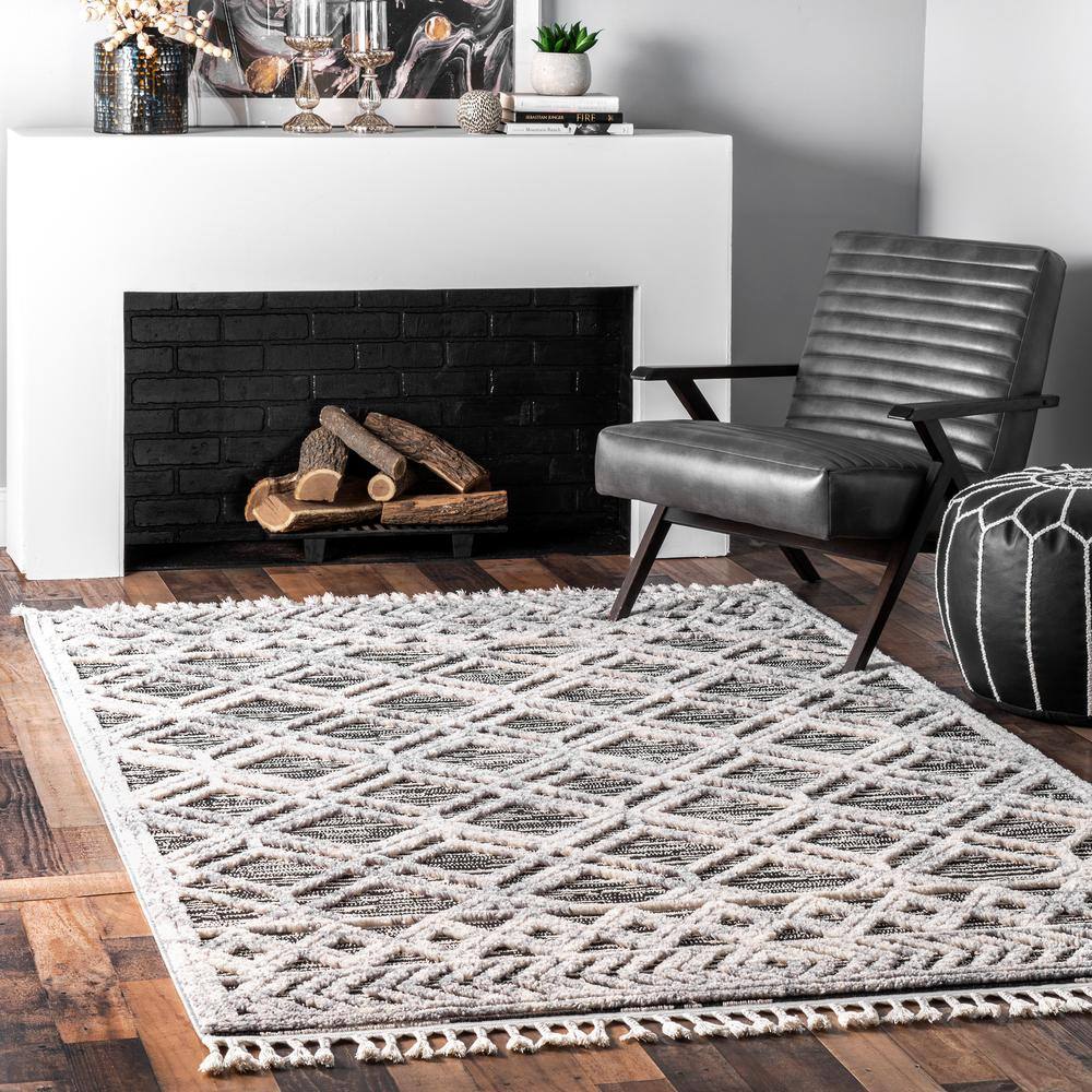 Gray Moroccan Lattice Tassel Runner Rug with Braided Shag