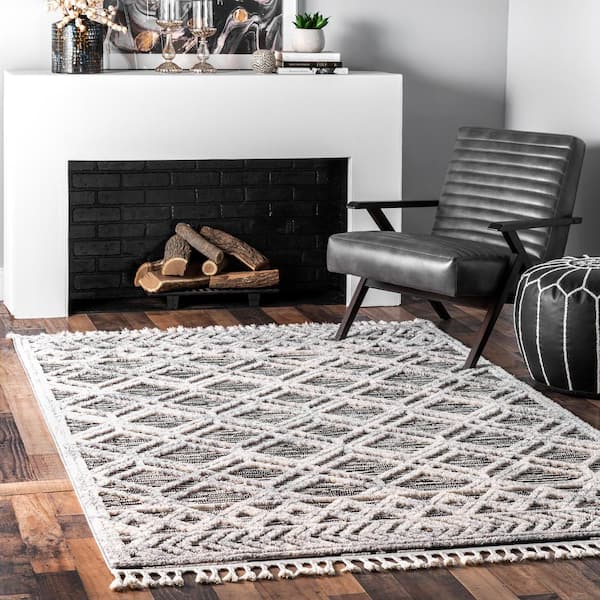Ansley Textured Lattice Tassel Gray 9 ft. x 12 ft. Indoor Area Rug
