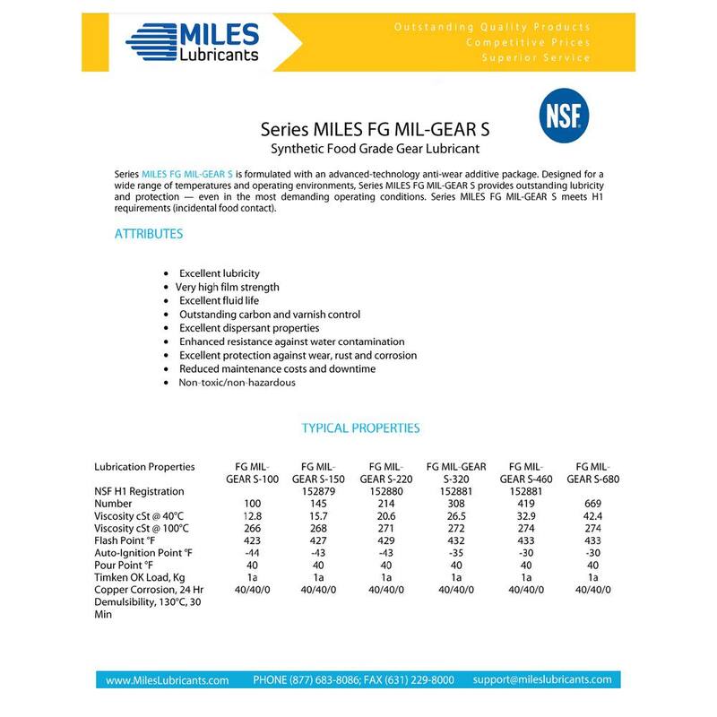 Miles Fg Mil Gear S 150-Full Synthethic Pao Based-Food Grade Gear Oil 5 Gal. Pail