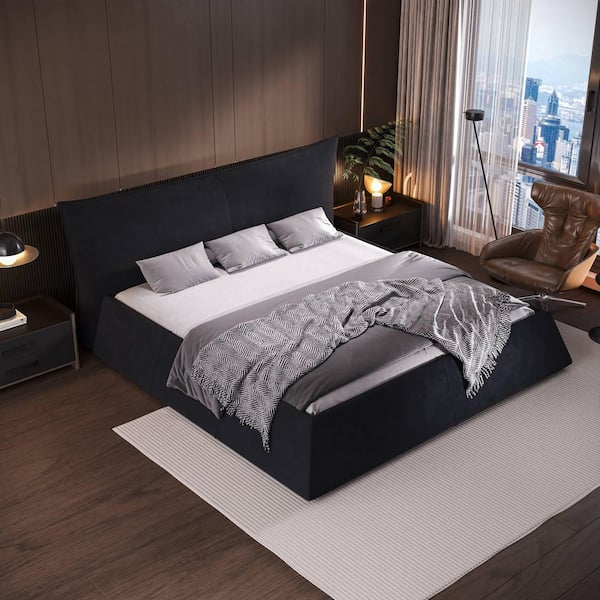 Declan Black Wood Frame King Size Platform Bed with Special Shaped Velvet Upholstered Headboard