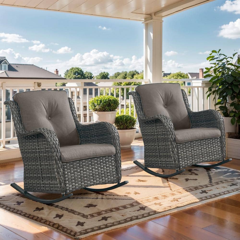 Gray Wicker and Steel Rocking Armchair Set with Cushions