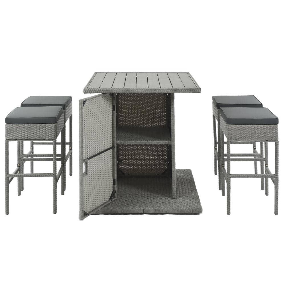5-Piece Wicker Outdoor Dining Set Bar Height Patio Set with Gray Cushions, 