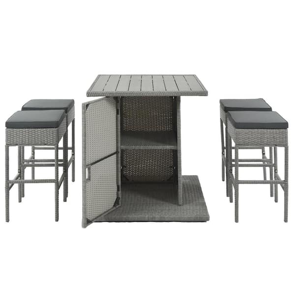 Anvil 5-Piece Wicker Outdoor Dining Set Bar Height Patio Set with Gray Cushions, Slatted Tabletop