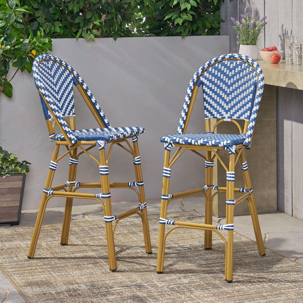 DENIM STOOL W45×D33×H46 2-Piece Navy Blue Wicker Outdoor Bar Stool, Rattan Bar Chair WZX