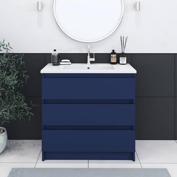 VOLPA USA AMERICAN CRAFTED VANITIES Pepper 36 in W x 20 in D Bath Vanity in Navy with Acrylic Vanity Top in White with White Basin