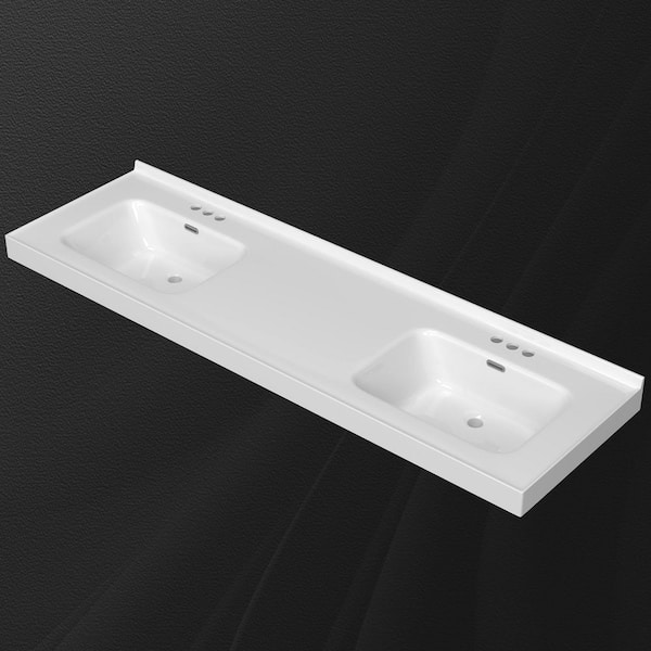 Zeafive 73 in. W x 22 in. D Solid Surface White Rectangular Double Sink Bath Vanity Top with Backsplash and Basin in White