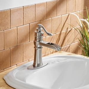 Waterfall Single Hole Single-Handle Low-Arc Bathroom Faucet With Supply Line in Brushed Nickel