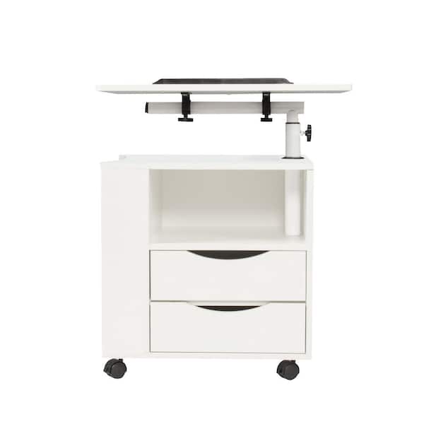 sumyeg White Freestanding Wooden Swivel Top Nightstand Cabinet End Table with 2-Drawers and Open Shelves