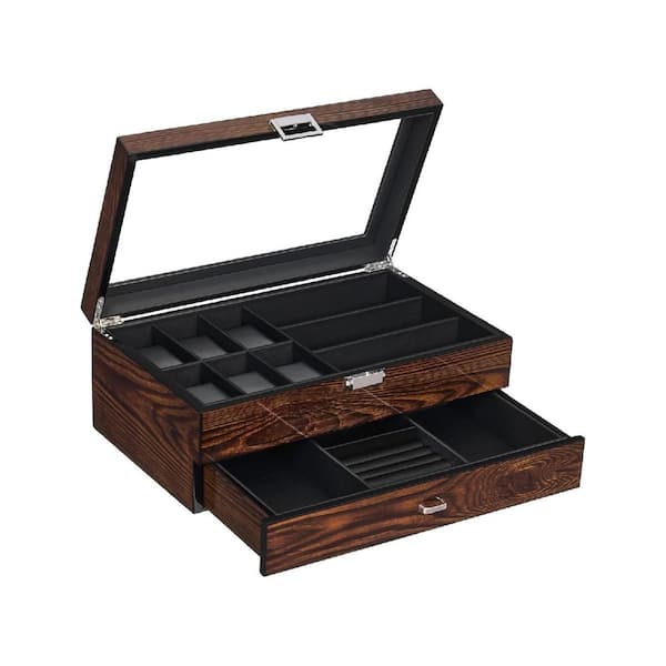 2-Layer 9"D x 14"W x 6"H Brown Wooden Mens Jewelry Box
