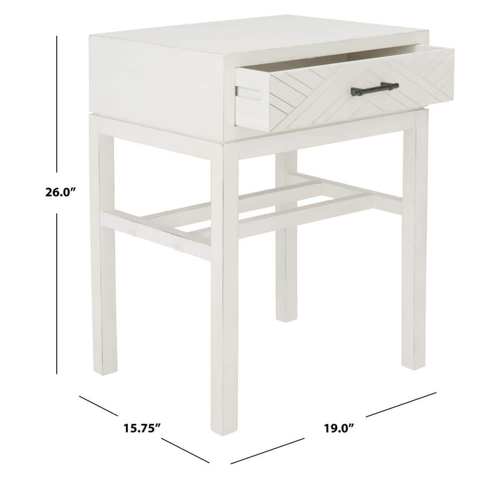 Chevron-Inspired Distressed White Wood & Metal Accent Table with Storage