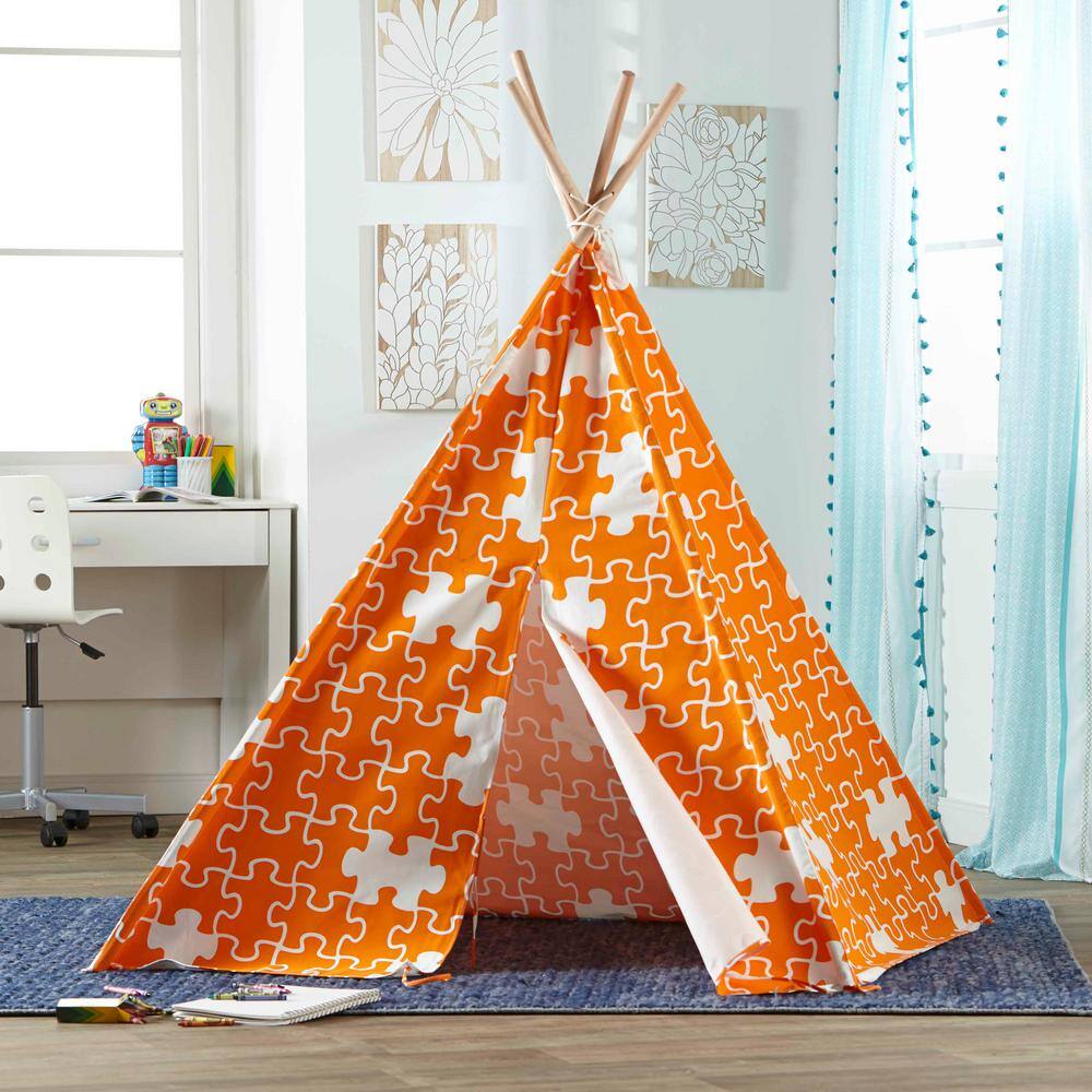 Orange and White Cotton Canvas Children's Indoor Teepee