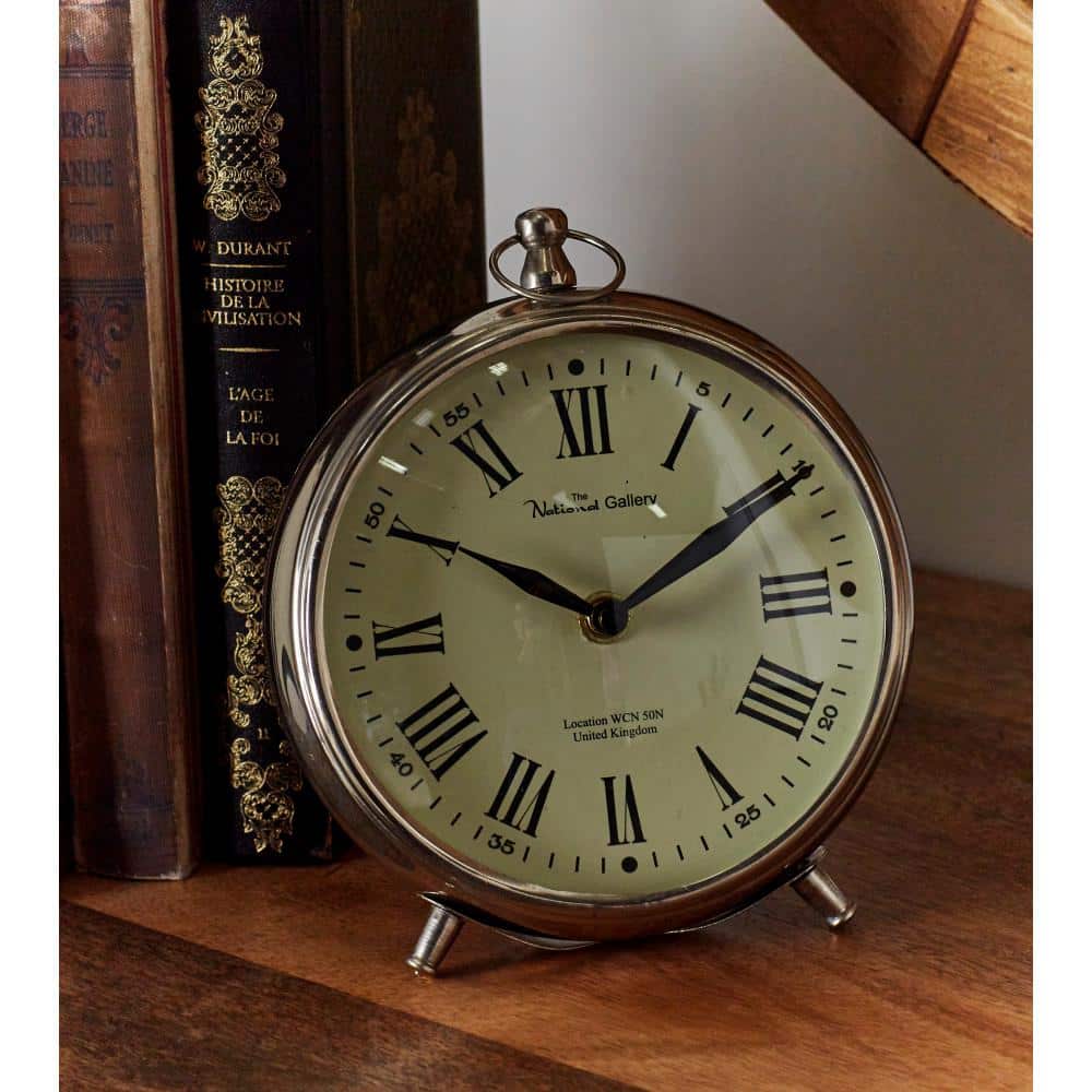 Silver Stainless Steel Round Table Clock with Ring Top
