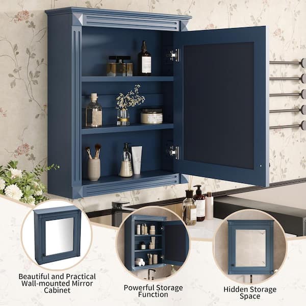 FAMYYT 24 in. W x 28 in. H Blue Rectangular Wooden Medicine Cabinet with Mirror and Adjustable Shelf