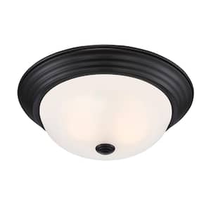 13 in. 2-Light Oil Rubbed Bronze Interior Ceiling Light Flush Mount with Etched Glass Shade