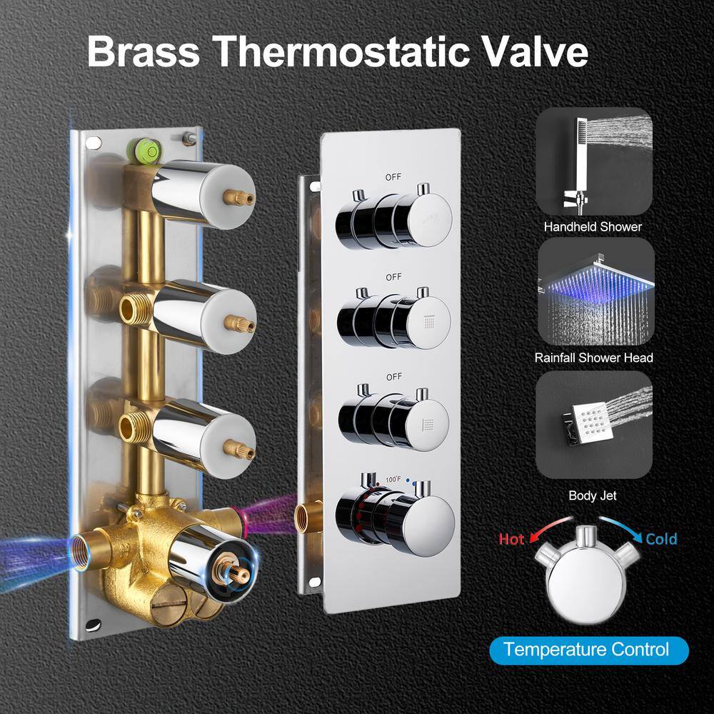 12 Inch Chrome LED Wall Mounted Rain Shower System with Handheld and Body Jets