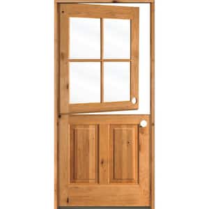 32 in. x 80 in. Farmhouse Knotty Alder Left-Hand/Inswing 4-Lite Clear Glass Clear Stain Dutch Wood Prehung Front Door