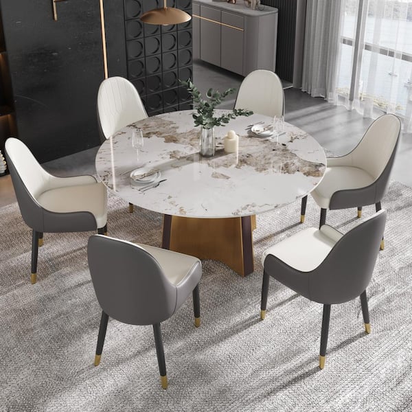 J&E Home Pandora Glossy Sintered Stone Top 59. 05 in. Pedestal Round Dining Table with Stainless Steel Titanium Base Seats 8