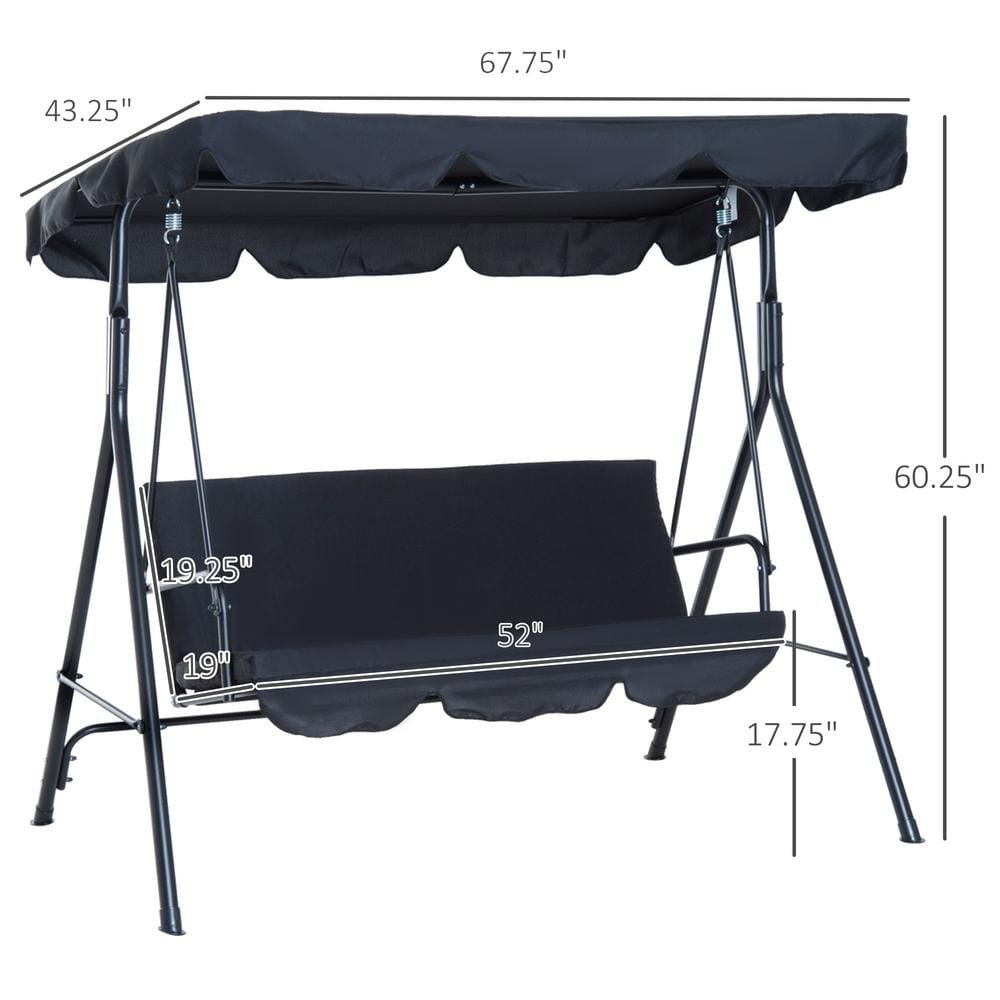 Black Steel 3-Person Patio Swing with Adjustable Canopy