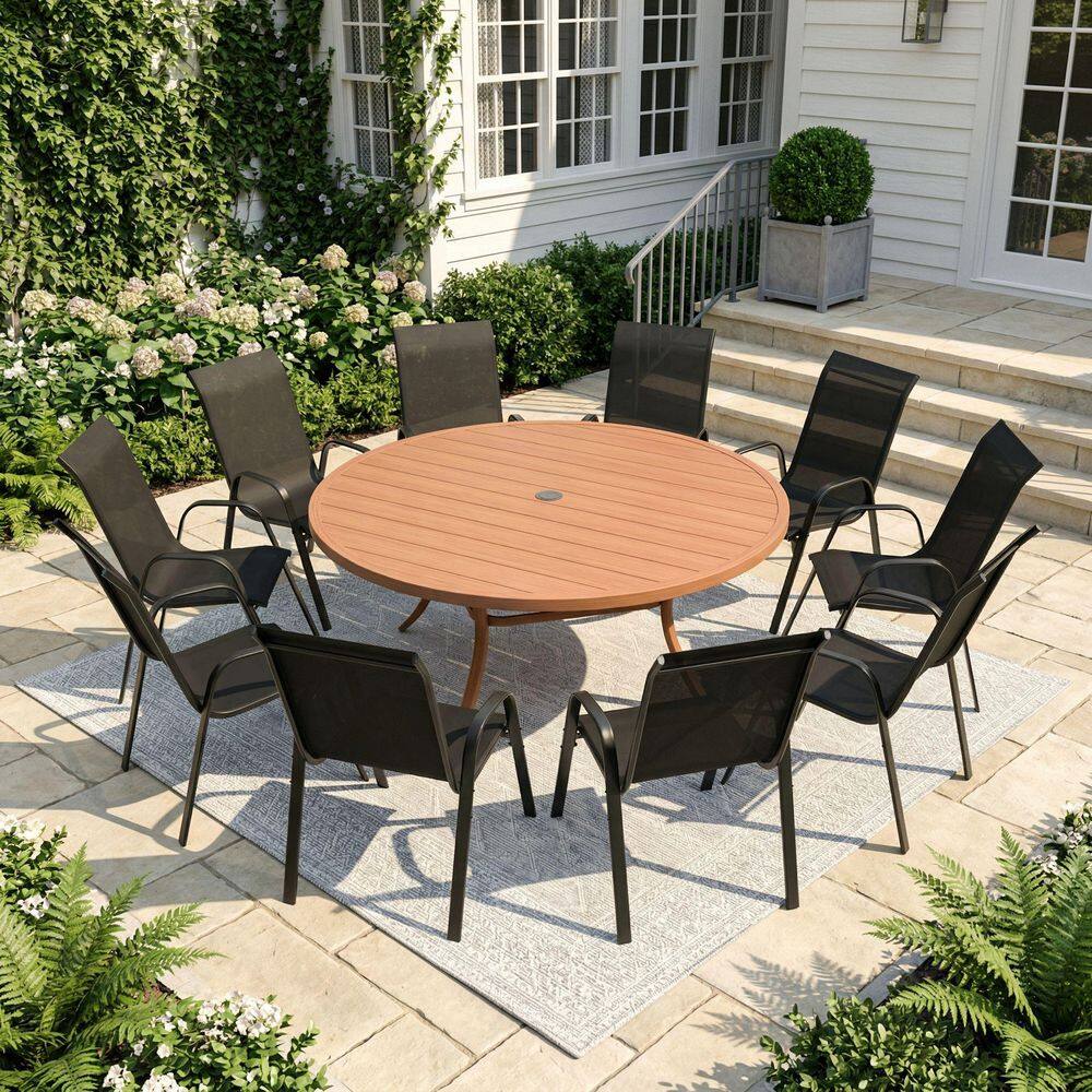 11-Piece Metal Outdoor Dining Set with 60 in. Walnut Round Patio Table and 10 Black Stackable Textilene Chairs price history on PriceWatchPro