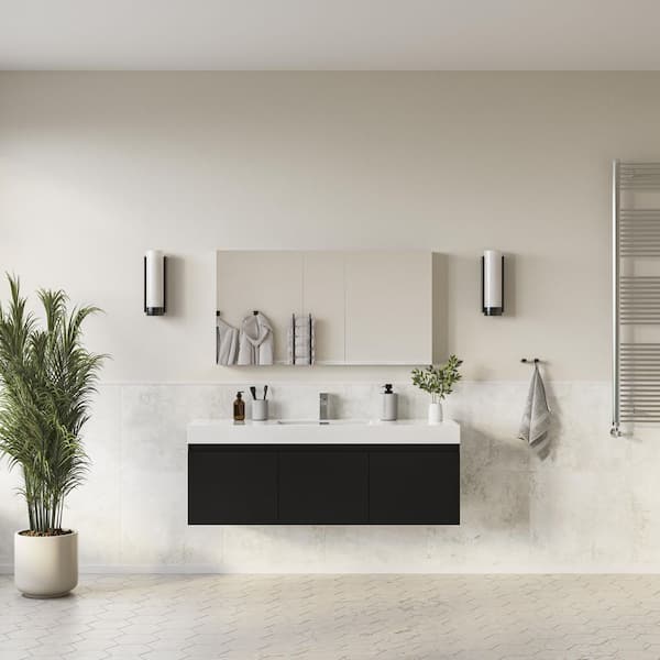 Mezzo 59 in. Vanity in Black with Acrylic Vanity Top in White with White Basin and Mirrored Medicine Cabinet