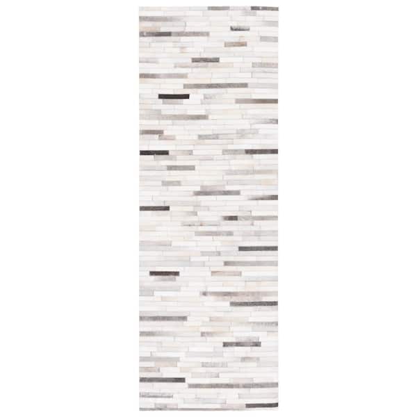 SAFAVIEH Studio Leather Ivory Grey 2 ft. x 7 ft. Striped Runner Rug