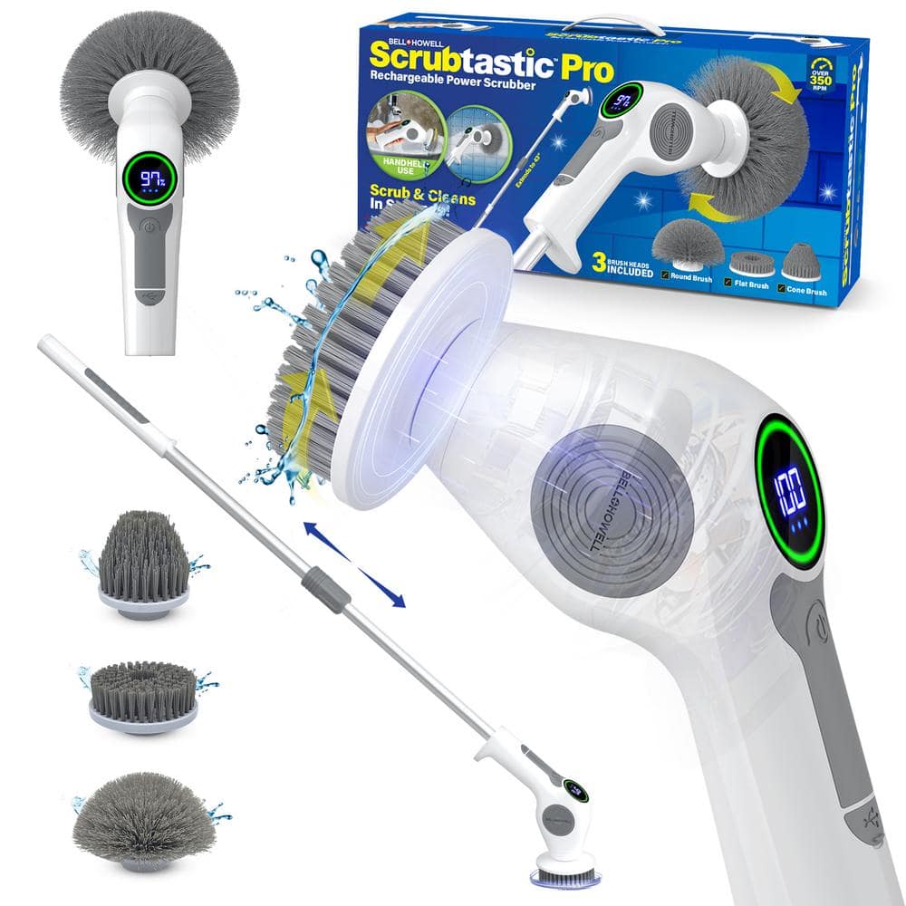 Bell + Howell Scrubtastic Pro 43 in. Multi-Purpose Surface Rechargeable Electric Power Scrubber Cleaner Scrub Brush with 3 Brush Heads