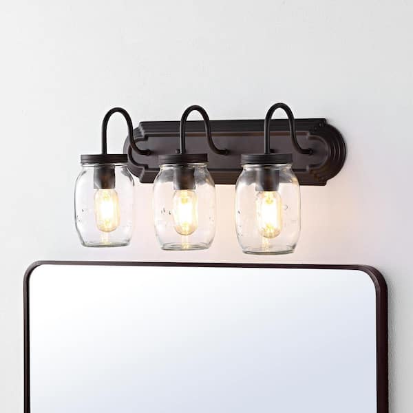 JONATHAN Y Gaines 19.3 in. 3-Light Oil Rubbed Bronze Farmhouse Industrial Iron Mason Jar LED Vanity Light