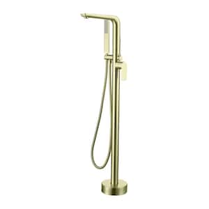 Aca Single-Handle Freestanding Floor Mount Bath Tub Filler Faucet with Hand Shower in Brushed Gold