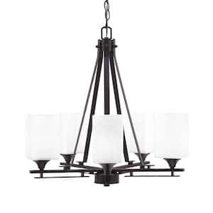 Ontario 21 in. 5-Light Dark Granite Chandelier with Square White Muslin Glass Shades