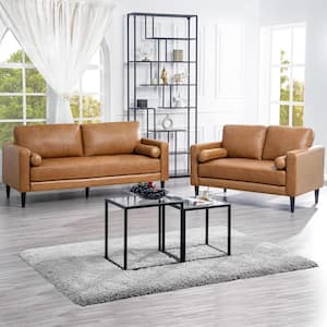 74.5 in. W Tan Brown Square Arm Leather Straight Leather Mid-Century 2-Seat Sofa/Loveseat 2-Piece Living Room Set