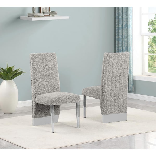 Best Quality Furniture Meena Rich Grey Color Chrome Iron Legs Boucle Fabric Side Chair (Set of 2)