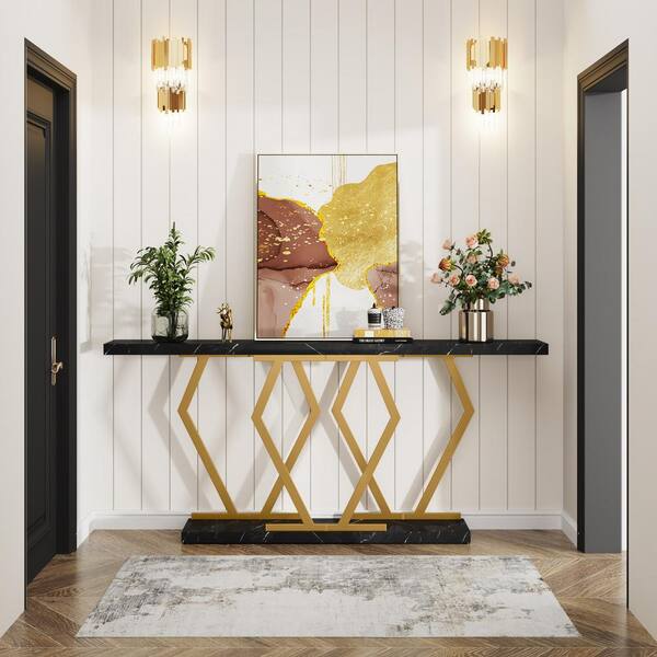 BYBLIGHT Turrella 70.9 in. Gold White Wood Long Console Table