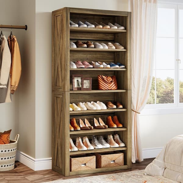 BYBLIGHT Lauren Brown 71 in. Farmhouse Shoe Cabinet with 7 Adjustable Shelves