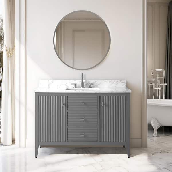 Vanity Art 48 in. W x 22 in D x 38 in. H Single Sink Bath Vanity Cabinet in Linear Gray with White Engineered Marble Top