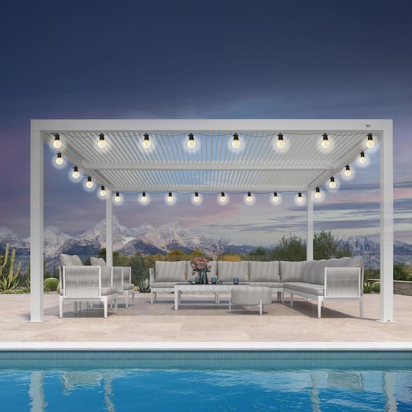 PURPLE LEAF 12 ft. x 14 ft. White Aluminum Frame Outdoor Louvered Pergola with Adjustable Sunshade Roof and Solar String Lights