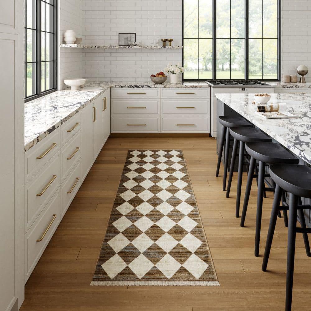 Meline Beige and Brown Checkered Rectangular Area Rug