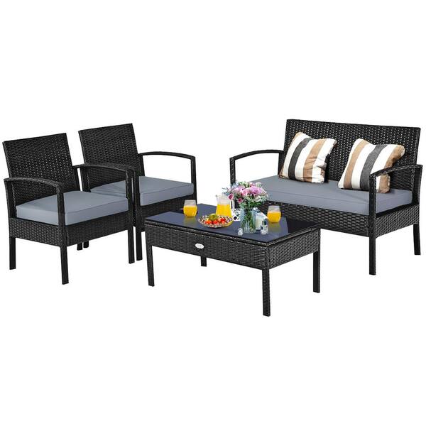 Costway 4PCS Outdoor Patio Rattan Furniture Set Cushioned Sofa Coffee