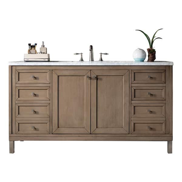 James Martin Vanities Chicago 60 in. W x 23.5 in.D x 33.8 in. H Single Bath Vanity in Whitewashed Walnut with Marble Top in Carrara White