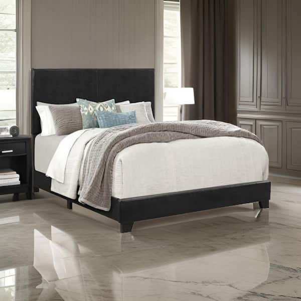 Benjara Black Wood Frame Queen Platform Bed with Upholstered Headboard