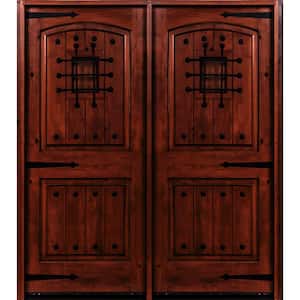 60 in. x 80 in. Mediterranean Knotty Alder Arch Top with Red Chestnut Stain Left-Hand Wood Double Prehung Front Door