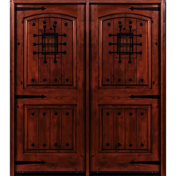 Krosswood Doors 60 in. x 96 in. Mediterranean Knotty Alder Arch Top with Red Chestnut Stain Left-Hand Wood Double Prehung Front Door