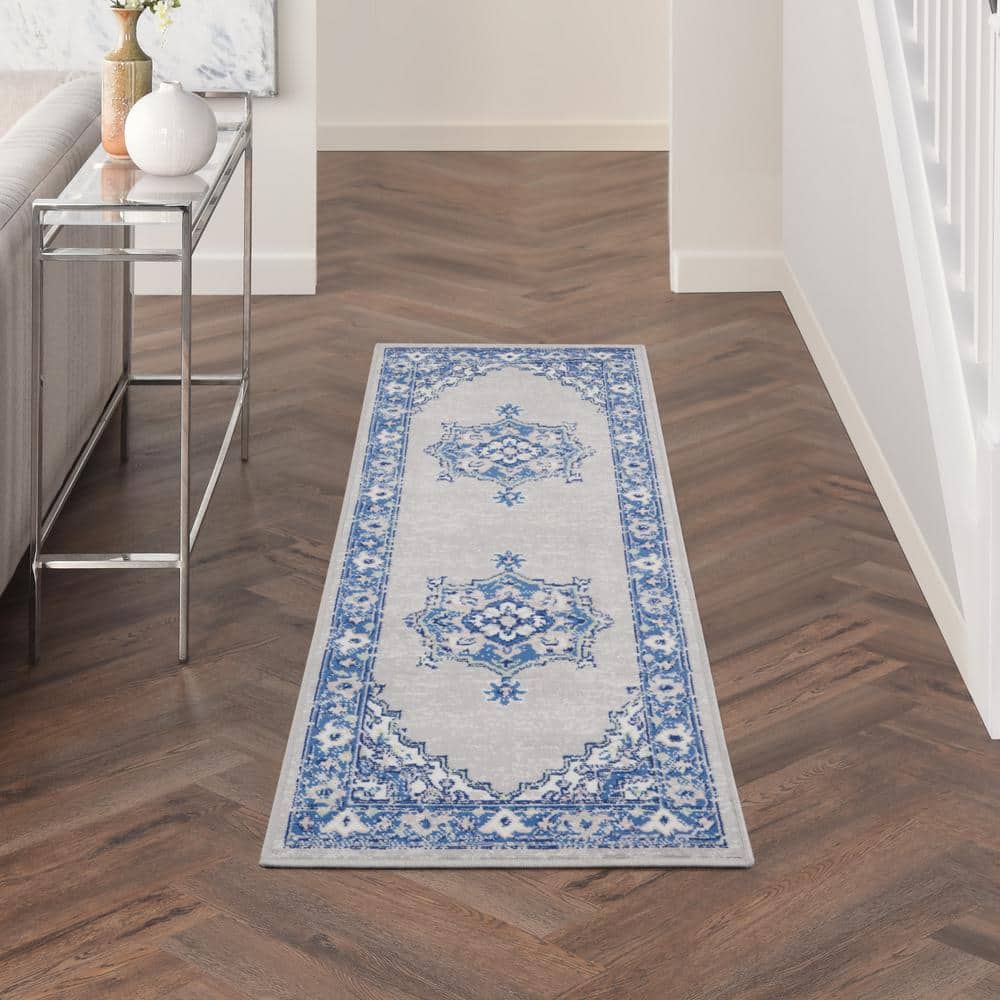 Grey Blue Floral Synthetic Runner Rug 2' x 6'
