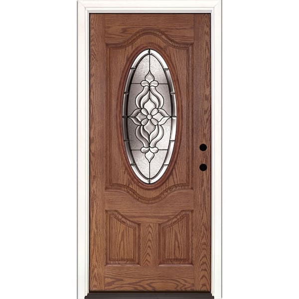 Feather River Doors 37.5 in. x 81.625 in. Lakewood Patina 3/4 Oval Lite Stained Medium Oak Fiberglass Prehung Front Door