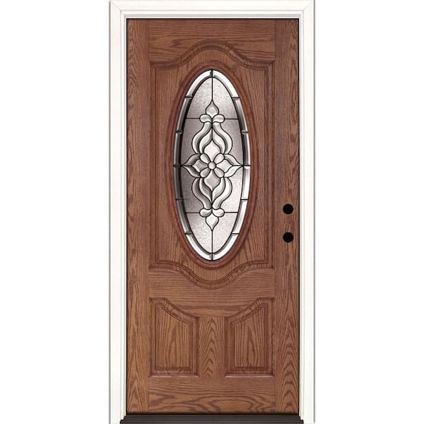 Feather River Doors 37.5 in. x 81.625 in. Lakewood Patina 3/4 Oval Lite Stained Medium Oak Left-Hand Inswing Fiberglass Prehung Front Door