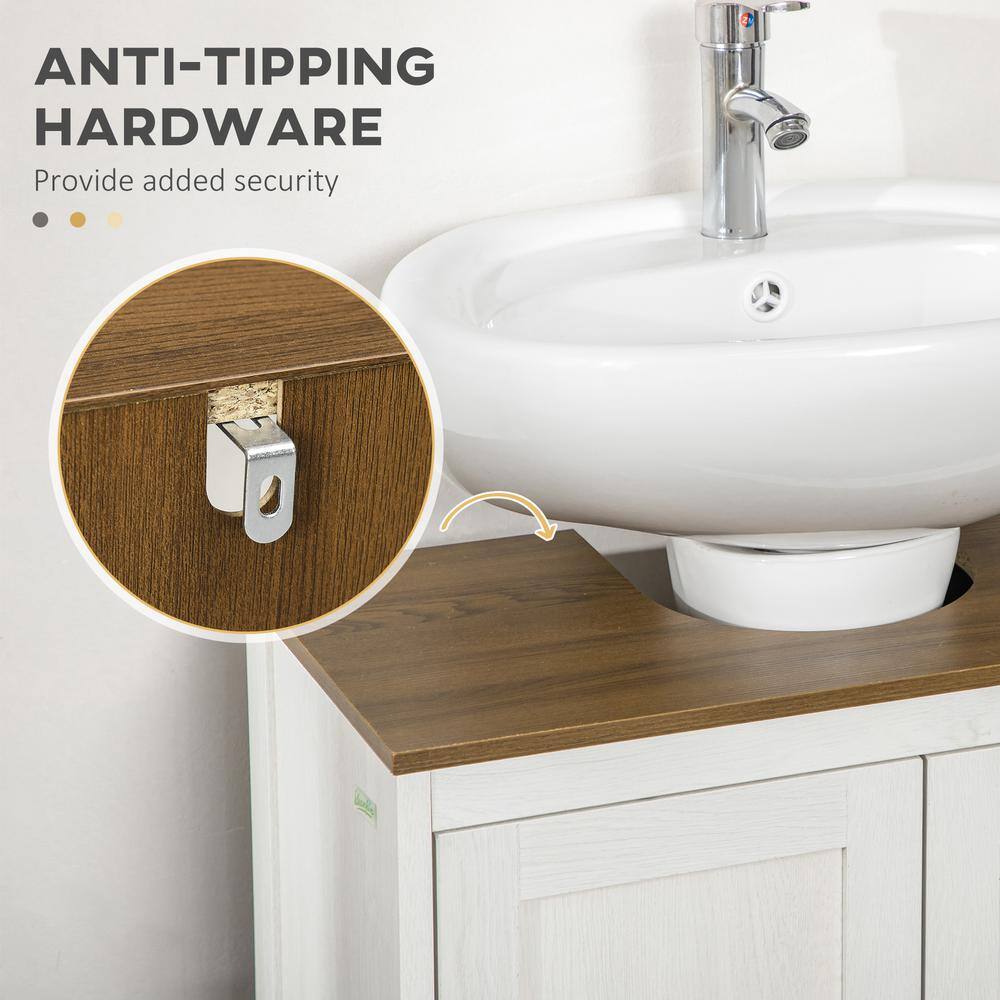 Antique White Freestanding Bathroom Sink Cabinet with Dark Wood Top