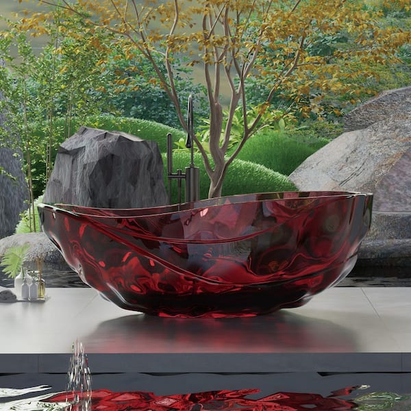 Wave 67 in. x 38 in. Solid Surface Stone Resin Freestanding Flatbottom Soaking Bathtub in Translucent Ruby Red