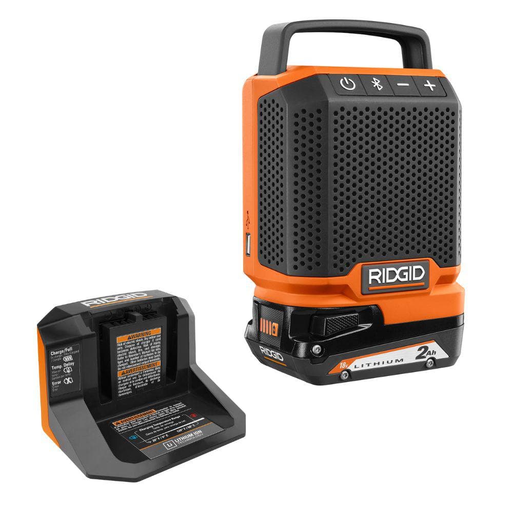 RIDGID 18V Cordless Speaker with Bluetooth Technology, 2.0 Ah Battery, and Charger