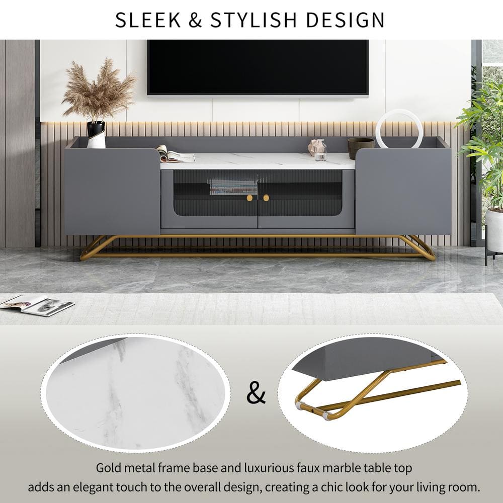 Gray Modern TV Stand with Fluted Glass, Faux Marble Top, and Gold Frame Base